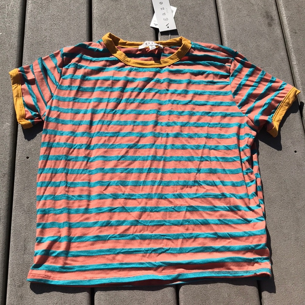 Medium coral and teal striped shirt